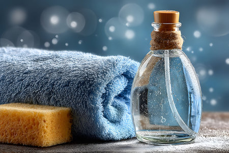 A serene wellness scene featuring a soft blue towel, a natural sponge, and a glass bottle of essential oil on a wooden surface. bokeh lights in the background enhance the calming ambiance, perfect for relaxation and spa-themed designs. Generative AIの素材