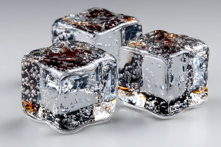 Three crystal-clear ice cubes containing air bubbles are arranged on a reflective surface. the image highlights their transparency and intricate details, making it ideal for concepts related to refreshment, beverages, and cooling. Generative AIの素材