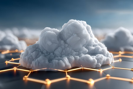 A visually striking representation of cloud computing, featuring a digital cloud model overlaid on a glowing network grid. the scene symbolizes modern data connectivity and technological innovation. Generative AIの素材