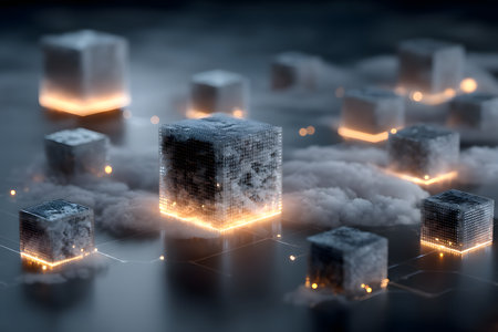 A high-tech digital landscape featuring glowing blocks representing blockchain technology. the scene conveys innovation and the seamless connectivity of a virtual network, hinting at the future of digital data management. Generative AIの素材