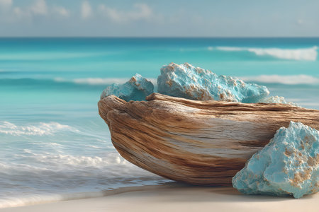 Driftwood and vibrant turquoise rocks rest on a pristine sandy beach with gentle ocean waves and a clear blue sky. the serene coastal setting evokes tranquility and natural beauty, ideal for beach-themed designs and decor. Generative AIの素材