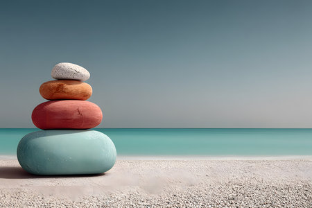Smooth, colorful stones stacked in balance on a serene beach. the tranquil ocean and clear blue sky create a peaceful and harmonious atmosphere, reflecting themes of nature, relaxation, and balance. Generative AIの素材