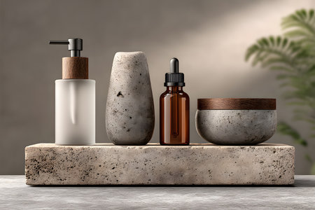 Minimalist spa-themed arrangement featuring stone-textured soap dispensers, a glass dropper bottle, and a decorative bowl. the natural tones and textures evoke a calming, serene atmosphere ideal for home and wellness design projects. Generative AIの素材