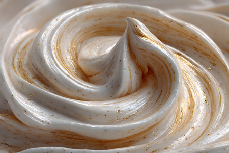 A detailed close-up of a luxurious cream swirl infused with golden glitter, showcasing its smooth, glossy texture. perfect for culinary themes, beauty products, or design projects focusing on elegance and opulence. Generative AIの素材