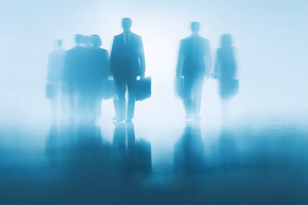 Blurred silhouettes of professionals walking forward, symbolizing teamwork, leadership, and corporate progress. the blue tones and ethereal effect convey a sense of forward-thinking and innovation. Generative AIの素材