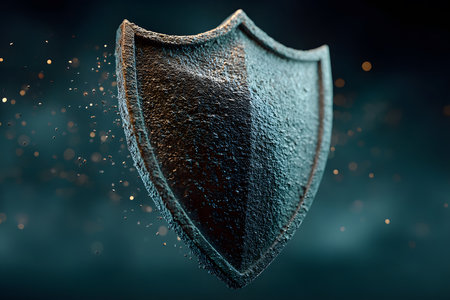 A weathered shield floats against a dark, atmospheric background. tiny particles surround it, emphasizing its rustic, textured surface. the scene conveys themes of protection, strength, and medieval culture, ideal for design projects or historical contexts. Generative AIの素材
