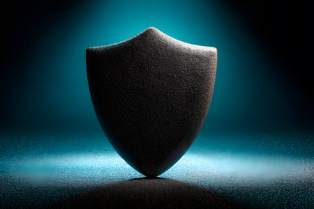 A sleek, reflective shield set against a gradient blue background symbolizes protection and security. the lighting creates a dramatic contrast, its texture and reinforcing themes of safety, defense, and technology. Generative AIの素材