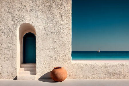 Minimalist architecture frames a tranquil mediterranean sea view, with a rustic clay pot in the foreground. the smooth white walls contrast against the vibrant blue sea and sky, while a solitary sailboat drifts in the distance. Generative AIの素材