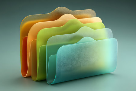 Translucent glass panels in vibrant gradient colors are arranged in a layered pattern. the smooth textures and soft hues create a modern, abstract composition, ideal for creative designs or visual art projects. Generative AIの素材