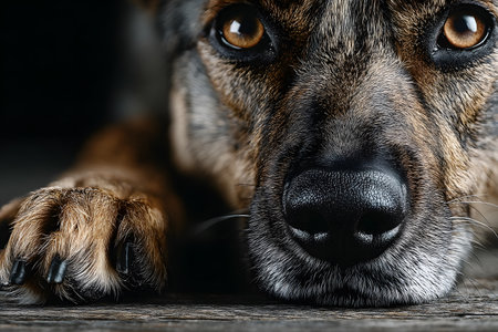 A detailed close-up of a dog's face, featuring a focused stare and resting posture. highlighting features like the texture of the fur and the depth in the eyes, ideal for pet-themed advertising, education, and awareness materials. Generative AIの素材