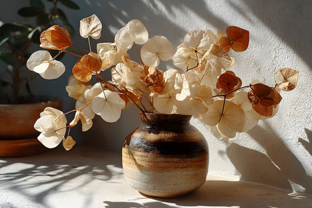 Sunlit dried floral arrangement in a rustic ceramic vase, showcasing delicate contrast between light and shadow. highlighting minimalist and natural home decor aesthetics, enhancing interior design with warm, earthy tones. Generative AIの素材