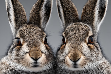Two meticulously detailed rabbit faces in close-up, showcasing their textured fur and expressive eyes against a neutral background. ideal for nature photography, wildlife presentations, or zoological studies. Generative AIの素材