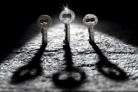 Three antique keys stand in dramatic lighting, casting long shadows on a textured surface. the atmospheric scene symbolizes unlocking mysteries, potential, and new opportunities, evoking a sense of wonder and discovery. Generative AIの素材