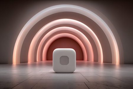 Futuristic minimalist interior space features a series of glowing arches creating a captivating tunnel-like effect. each arch emits a warm glow, enhancing the modern aesthetic. a central abstract object adds intrigue to the sleek, contemporary ambiance. Generative AIの素材