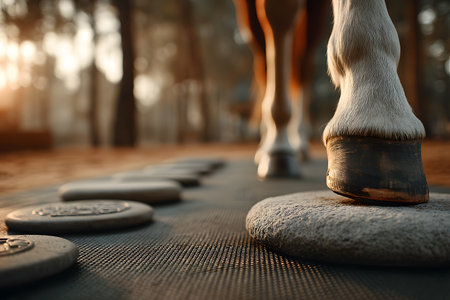 Close-up of a horse's hoof stepping on circular stones along a tranquil forest pathway. the sunlight filters softly through the trees, creating a serene and peaceful atmosphere, ideal for concepts of nature and tranquility. Generative AIの素材