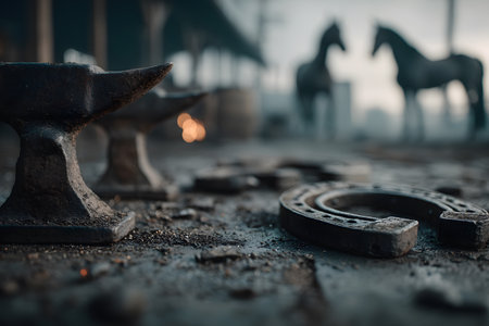 Authentic blacksmith environment featuring anvils and horseshoes on a textured ground with horses silhouetted in the background. the warm, fading light adds a vintage atmosphere, ideal for themes of craftsmanship and rural life. Generative AIの素材