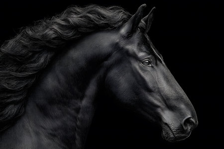 A stunning portrait of a black stallion with a flowing mane against a dark background, the horse's sleek elegance and powerful presence. perfect for decor, posters, or equine-themed designs. Generative AIの素材