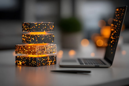 A warm, inviting home office setting with a sleek laptop on a desk, highlighted by decorative glowing boxes. the soft, ambient lighting creates a cozy atmosphere, perfect for focused work or relaxation in a modern space. Generative AIの素材