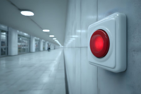 A red emergency button mounted on a sleek white wall in a modern, well-lit corridor. the minimalist design and long hallway emphasize security and preparedness, suitable for safety-themed designs and industrial concepts. Generative AIの素材