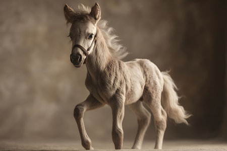 A young foal stands gracefully in soft, warm lighting, showcasing its elegant form against a muted background. the scene exudes tranquility and natural beauty, ideal for equine-themed art and decor projects. Generative AIの素材