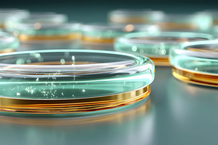 Abstract futuristic scene featuring transparent glass rings with metallic gold accents, set on a smooth reflective surface. a sci-fi aesthetic with glowing details and an ethereal, high-tech ambiance. Generative AIの素材