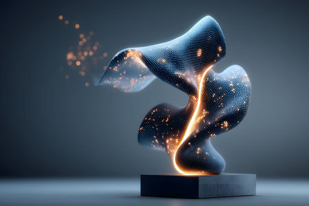 A dynamic 3d abstract sculpture showcasing a modern digital art form. featuring flowing, illuminated patterns and glowing sparks, it creates an innovative design suitable for futuristic and creative projects. Generative AIの素材