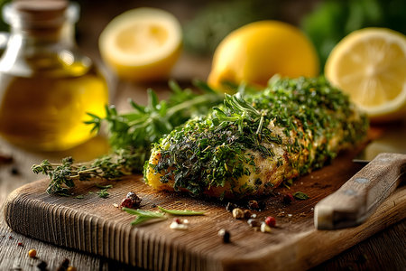 A beautifully presented herb-crusted fish fillet garnished with fresh herbs on a wooden board. accompanied by lemons, olive oil, and assorted spices, creating an appetizing scene ideal for culinary themes and gourmet cooking inspirations. Generative AIの素材