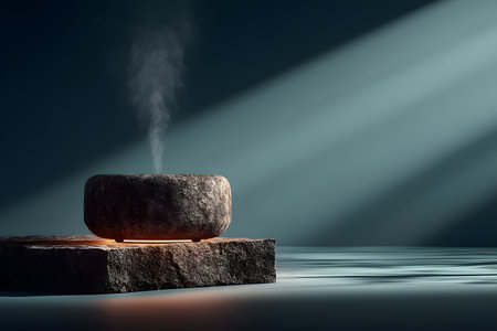 A serene meditation setting featuring a steaming stone incense burner on a textured stone slab. sunlight gently streams across the scene, creating a peaceful atmosphere ideal for relaxation and mindfulness. Generative AIの素材
