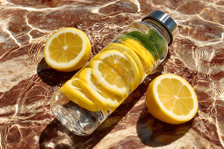 Vibrant sliced lemons float alongside mint leaves in a sleek glass bottle filled with water, casting reflections on a sunlit marble surface. ideal for promoting healthy living, hydration, and summery refreshment. Generative AIの素材