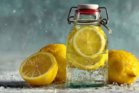 A glass jar filled with lemon water stands out against a rustic background, surrounded by whole and sliced lemons. water droplets add a refreshing touch, emphasizing freshness and hydration in this vibrant composition. Generative AIの素材