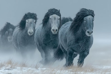 Herd of wild horses galloping through a snow-covered landscape, exuding a sense of freedom and strength. their frosted manes and the misty environment create an ethereal winter ambiance, capturing the beauty of nature. Generative AIの素材