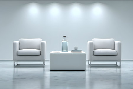 Sleek white interior featuring two modern armchairs and a contemporary coffee table. complementary decor includes a glass bottle, books, and a cup, enhancing the minimalist and elegant aesthetic under soft lighting. Generative AIの素材