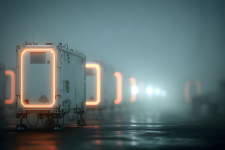 Rows of shipping containers with neon outlines line a foggy industrial landscape. the soft glow of lights creates a futuristic ambiance, enhancing the scene's mystery and depth. wet surfaces reflect the eerie lighting. Generative AIの素材