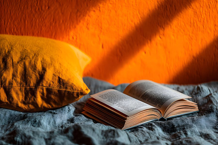 Open book lying on a comfortable bed next to a fluffy pillow, bathed in warm, natural lighting. the vibrant orange wall adds a touch of color, creating a cozy and inviting reading environment perfect for relaxation. Generative AIの素材