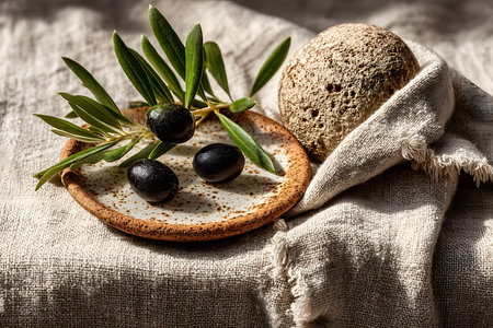 Fresh black olives and a sprig of olive leaves rest elegantly on a speckled ceramic plate, complemented by a round loaf of artisan bread wrapped in a textured cloth, evoking a warm mediterranean ambiance perfect for culinary designs. Generative AIの素材