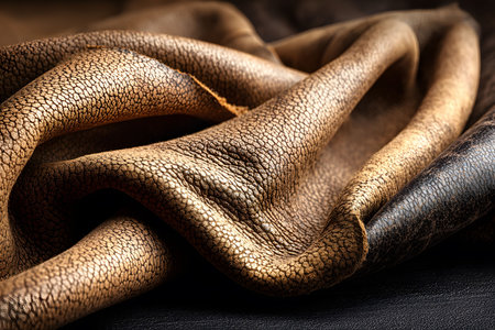 Richly detailed textured leather folds, showcasing shades of brown and black. ideal for fashion designers, interior decorators, and textile enthusiasts seeking high-quality materials and texture inspiration. Generative AIの素材
