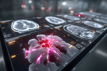 High-tech display showcasing detailed brain scans with highlighted anomalies in a futuristic medical environment. ideal for illustrating advanced medical technology, neuroscience research, or healthcare advancements. Generative AIの素材