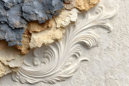 Textured abstract artwork featuring layered plaster in earthy tones of blue, beige, and cream. intricate swirling patterns add depth, ideal for modern interior design, wall art, or artistic inspiration. Generative AIの素材
