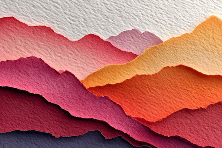Abstract art depicting a layered paper design creating an autumn-inspired mountain landscape. the composition features shades of red, orange, and pink, mimicking natural topography and seasonal tones, perfect for contemporary art, design, or decor. Generative AIの素材