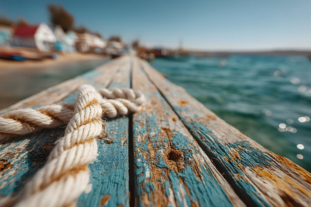Old wooden dock with a weathered rope highlights coastal charm. the sunlit sea and blurred distant shoreline add depth and tranquility. ideal for designs evoking relaxation and marine themes. Generative AIの素材