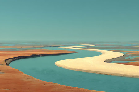 A tranquil scene of a winding river cutting through a stark desert landscape, surrounded by arid terrain under a vast blue sky. the smooth curves of the river create a harmonious contrast with the dry earth, offering a peaceful and contemplative visual experience. Generative AIの素材