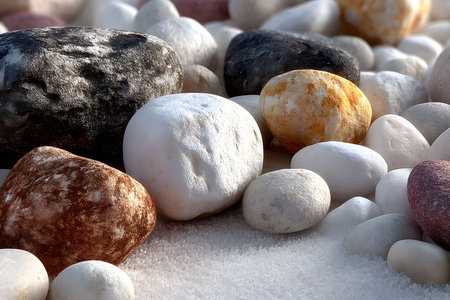 A diverse collection of smooth pebbles and stones in various colors and textures, ideal for natural home decor, zen gardens, or landscaping projects. the close-up view emphasizes their unique patterns and earthy tones. Generative AIの素材