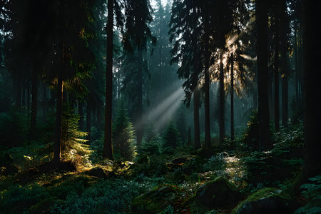 Sunlight pierces through towering trees, illuminating a mystical forest scene. dense foliage and scattered rocks create an enchanting atmosphere, nature's serene beauty and tranquility. perfect for nature-themed designs and projects. Generative AIの素材