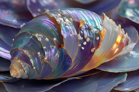 Iridescent seashell adorned with pearls rests on an abalone surface. the shell's vibrant hues and intricate textures create a stunning display, perfect for nature-inspired designs, digital art, or decorative backgrounds. Generative AIの素材