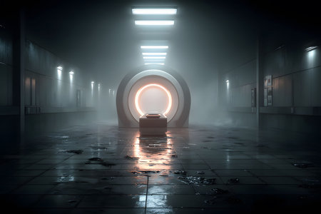 A mysterious, futuristic corridor featuring a glowing circular portal at the center, set within a dimly lit hallway. the sleek modern design and misty ambiance create a sense of intrigue and science fiction allure. Generative AIの素材