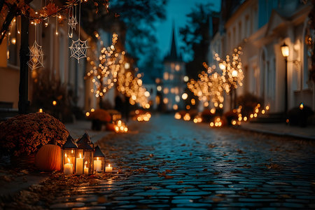 Warm candle lanterns illuminate a cobblestone street lined with autumn decorations and twinkling lights. the serene atmosphere essence of a cozy fall evening, creating a festive and inviting ambiance. Generative AIの素材
