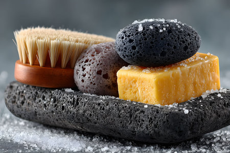 A selection of spa essentials featuring a pumice stone, a bar of natural soap, and a dry brush displayed on a slate surface. salt grains add a touch of organic luxury, ideal for promoting relaxation and self-care rituals. Generative AIの素材