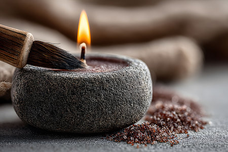 Soothe your senses with a tranquil scene featuring a lit candle in a natural stone holder. a wooden brush and scattered grains create an earthy texture, embodying relaxation and meditation concepts. Generative AIの素材