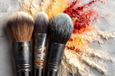 Makeup brushes lie on textured gray surface, surrounded by an explosion of colorful powders in shades of red, orange, and ivory. the scene represents creativity, beauty, and artistic expression in cosmetics. Generative AIの素材