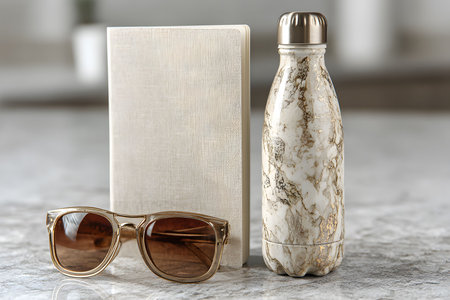 Stylish arrangement of modern accessories, including chic sunglasses, a textured beige notebook, and a fashionable water bottle with a marble design. perfect for lifestyle, travel, and fashion themes. Generative AIの素材
